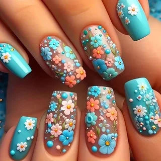24pcs Medium Green Floral Press-On Nails – Full Cover Acrylic Fake Nails with Glue | Ballet Shape Leaf & Plant Pattern False Nail Tips