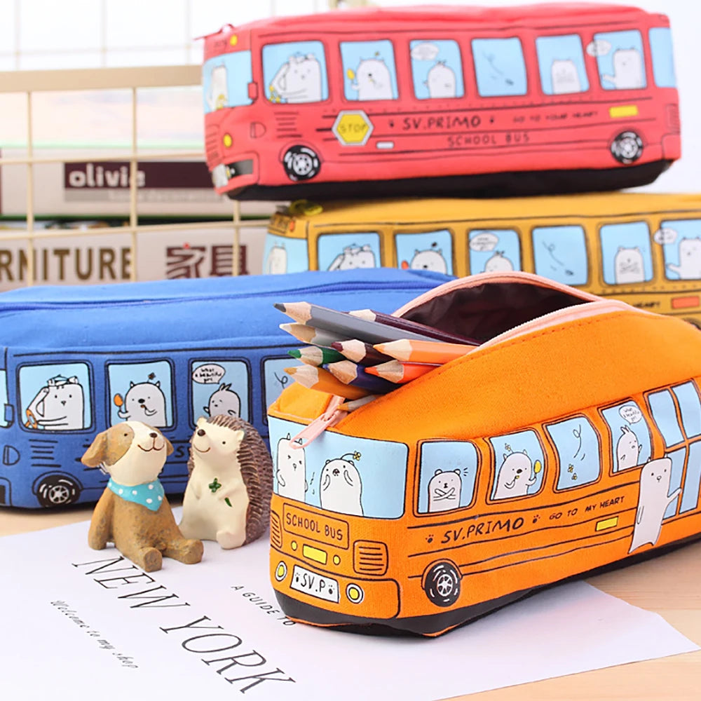 Creative Bus Pencil Case Large Capacity Pencil Bag Cartoon Car Pencil Pouch Student Kids Cute Stationery Kawaii Student Gifts