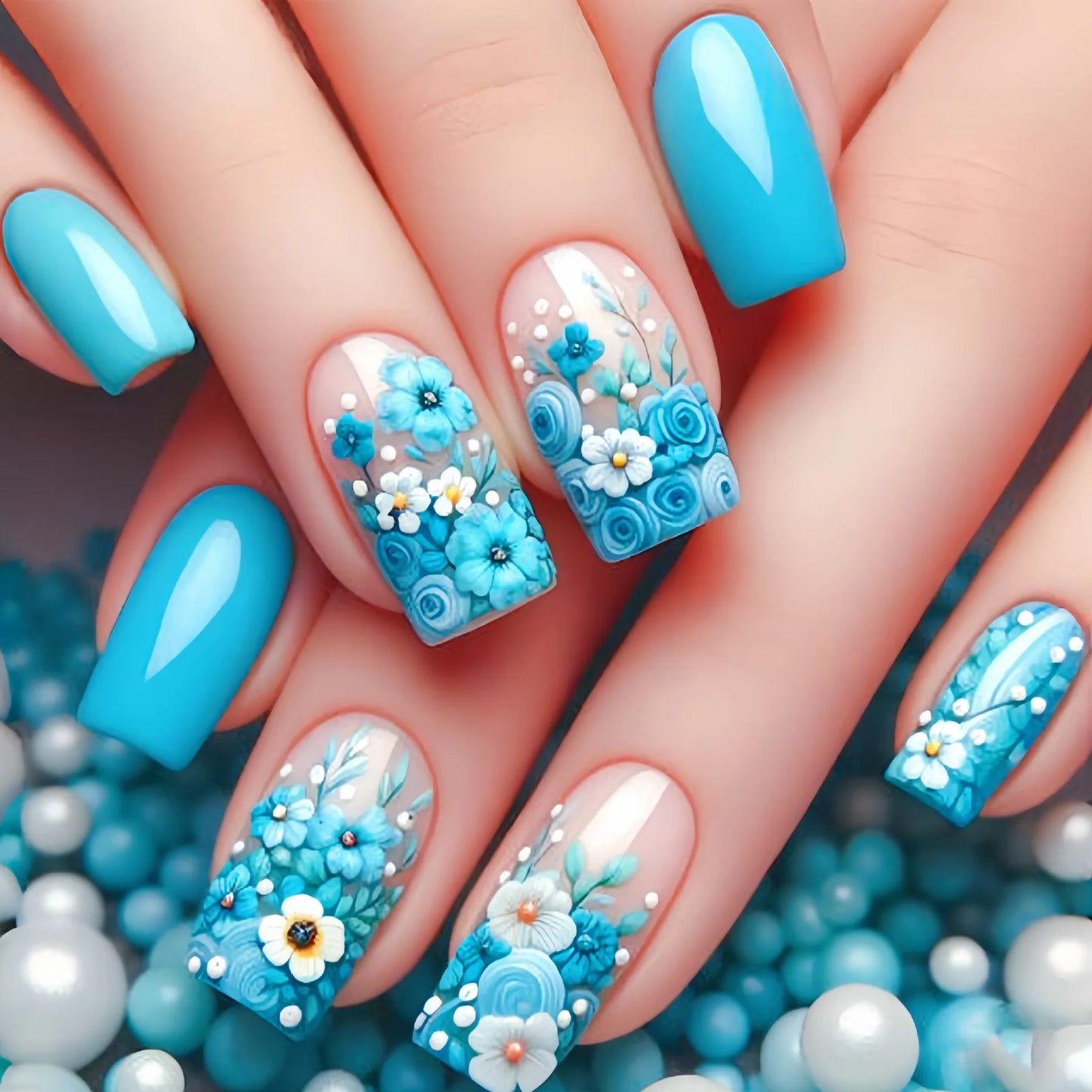 24pcs Medium Green Floral Press-On Nails – Full Cover Acrylic Fake Nails with Glue | Ballet Shape Leaf & Plant Pattern False Nail Tips
