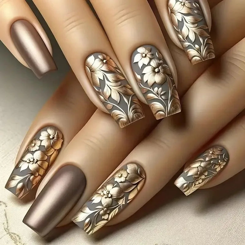 24pcs Medium Green Floral Press-On Nails – Full Cover Acrylic Fake Nails with Glue | Ballet Shape Leaf & Plant Pattern False Nail Tips
