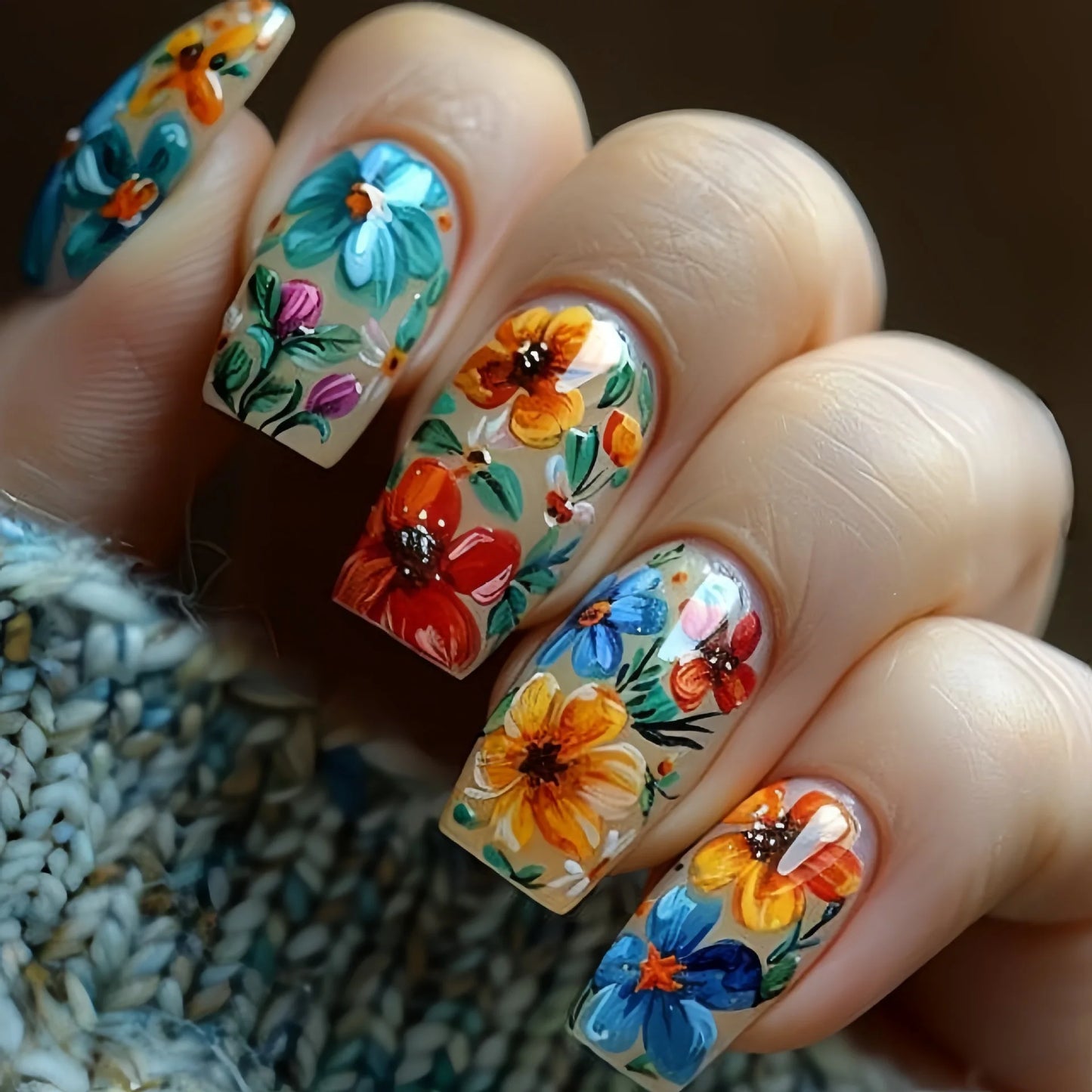 24pcs Medium Green Floral Press-On Nails – Full Cover Acrylic Fake Nails with Glue | Ballet Shape Leaf & Plant Pattern False Nail Tips
