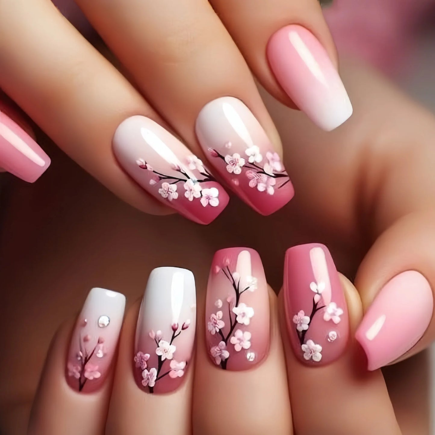 24pcs Medium Green Floral Press-On Nails – Full Cover Acrylic Fake Nails with Glue | Ballet Shape Leaf & Plant Pattern False Nail Tips