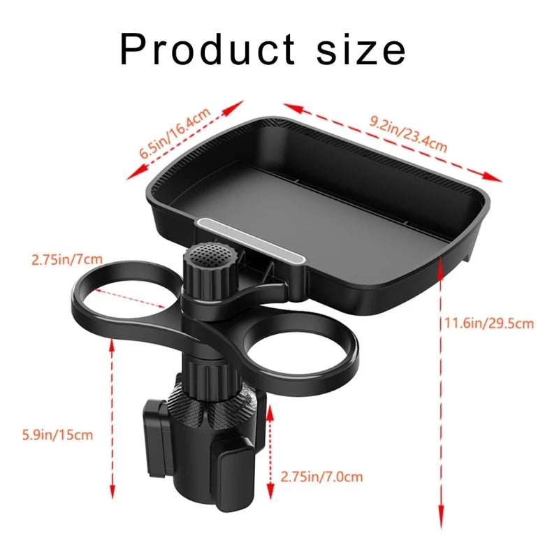 QM82 Car Cellphone Holder Adjustable Clamp Double Cup Holder Expander Snack Tray Drink Bracket for Horizontal Vertical Views