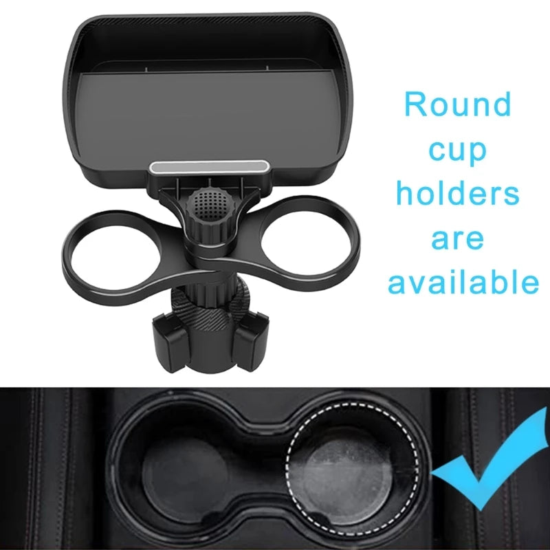 QM82 Car Cellphone Holder Adjustable Clamp Double Cup Holder Expander Snack Tray Drink Bracket for Horizontal Vertical Views