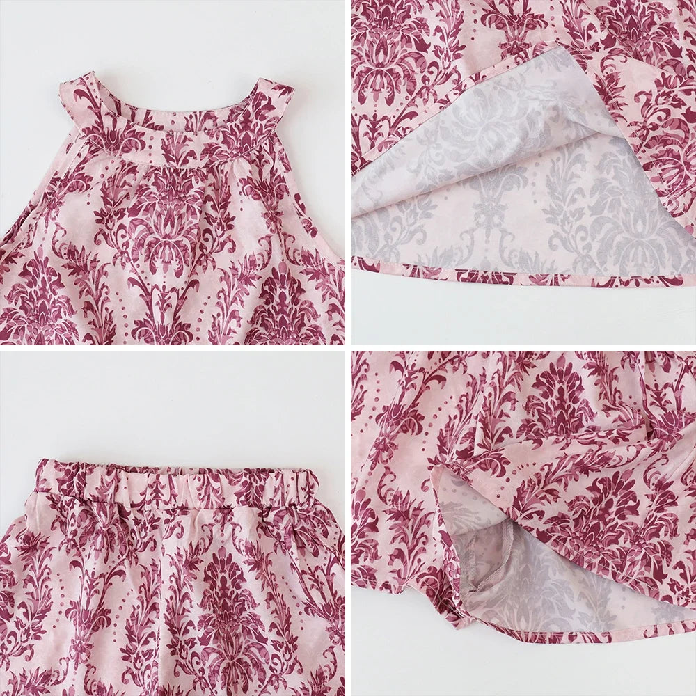2024 Girls Summer Floral Two-Piece Set – Halterneck Sleeveless Top & Refreshing Shorts | Casual Cotton Blend Outfit for 3–12Y