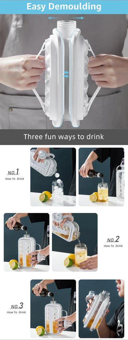 Portable 2-in-1 Folding Ice Maker Water Bottle Creative Ice Cube Mold Kitchen Bar Gadgets Ice Hockey Lattice Making Tool Kettle