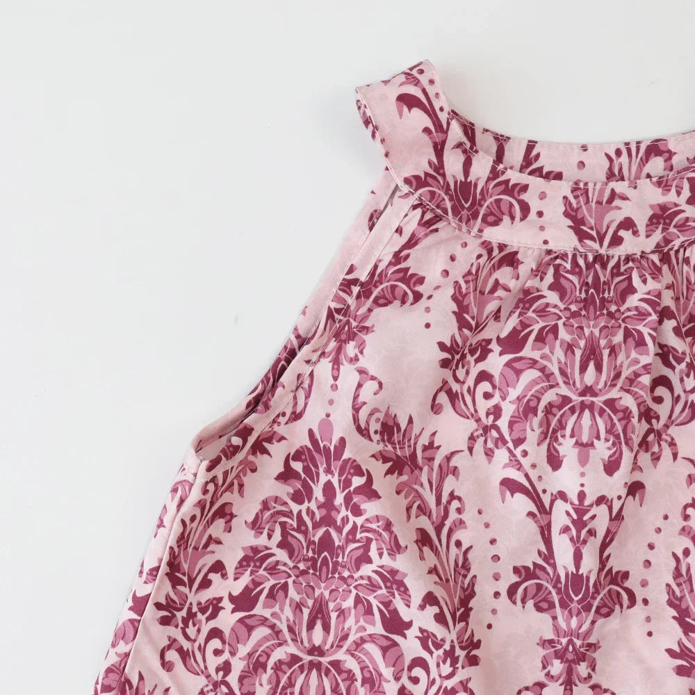 2024 Girls Summer Floral Two-Piece Set – Halterneck Sleeveless Top & Refreshing Shorts | Casual Cotton Blend Outfit for 3–12Y