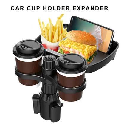 QM82 Car Cellphone Holder Adjustable Clamp Double Cup Holder Expander Snack Tray Drink Bracket for Horizontal Vertical Views