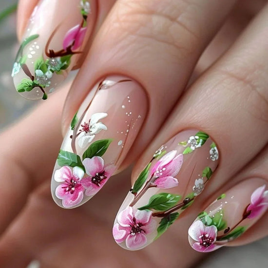 24pcs Spring Floral Press-On Nails – Sweet Pink Rose & Leaf Print | Full Cover Glossy False Nail Tips | Flower Design ABS Fake Nails