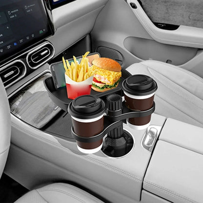 QM82 Car Cellphone Holder Adjustable Clamp Double Cup Holder Expander Snack Tray Drink Bracket for Horizontal Vertical Views