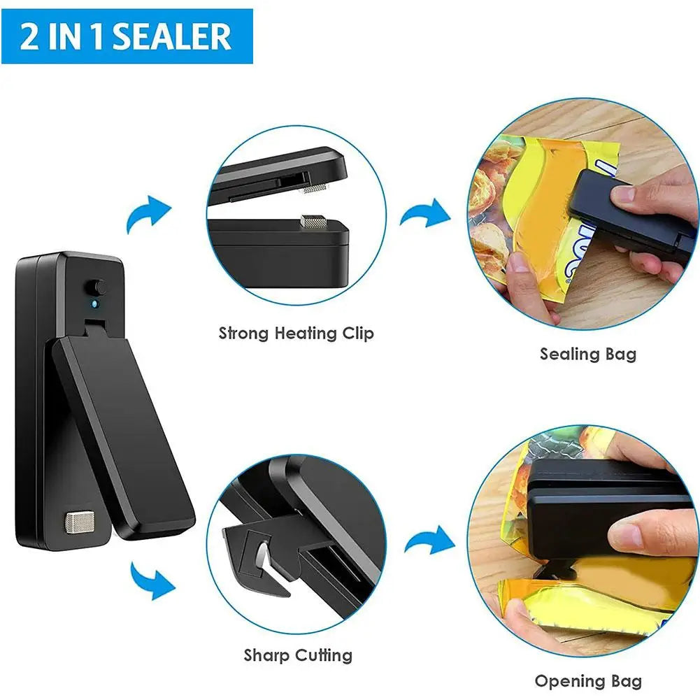 Mini Bag Sealer, 2 in 1USB Rechargeable Heat Sealer and Cutter, for Plastic Bags Food Snack Storage