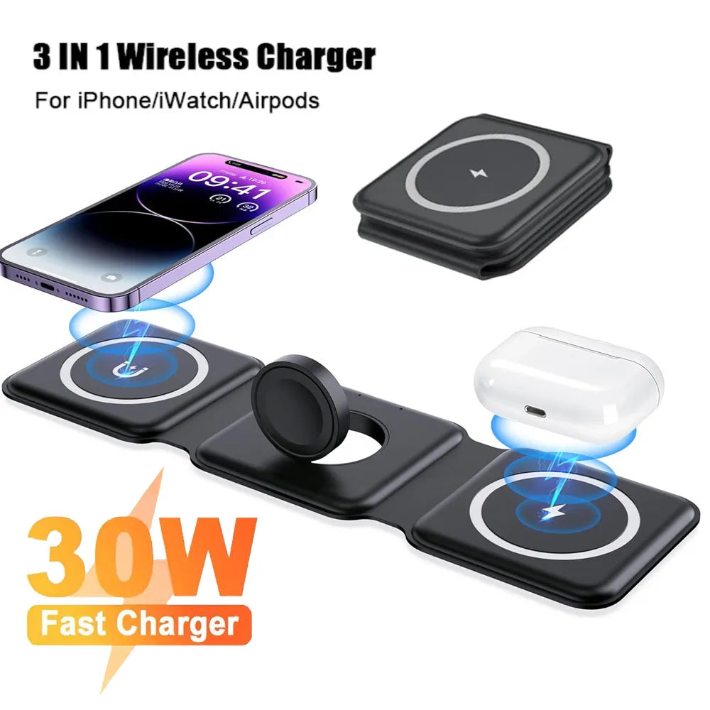 3in1 Foldable Wireless Charger Fast Charging Station for iPhone 15 14 13Holder Magnetic Charger Stand Dock for Apple Watch S8/7