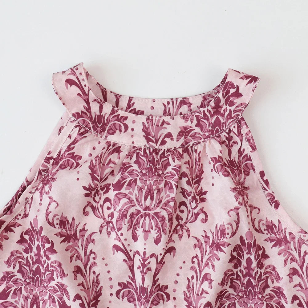 2024 Girls Summer Floral Two-Piece Set – Halterneck Sleeveless Top & Refreshing Shorts | Casual Cotton Blend Outfit for 3–12Y