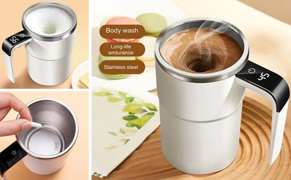 Self Stirring Coffee Mug Automatic Magnetic Stirring Coffee Mug with LCD Display Rotatable Metal Mixing Cup for Office Tazos