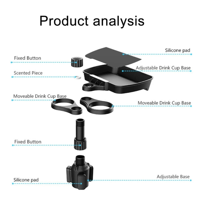 QM82 Car Cellphone Holder Adjustable Clamp Double Cup Holder Expander Snack Tray Drink Bracket for Horizontal Vertical Views